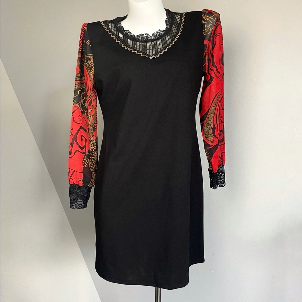 Vintage Black and Red Lace Trim Dress